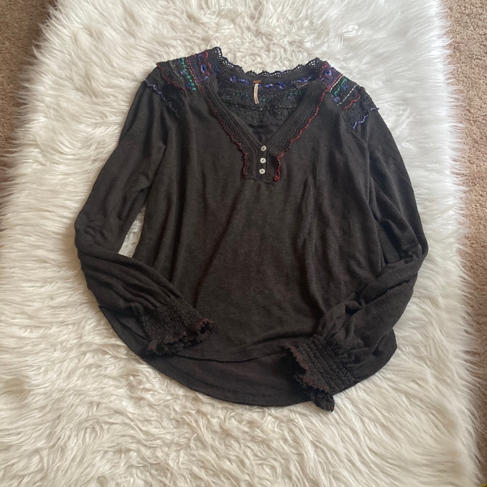 Free People Black Blouse with Colorful Accents